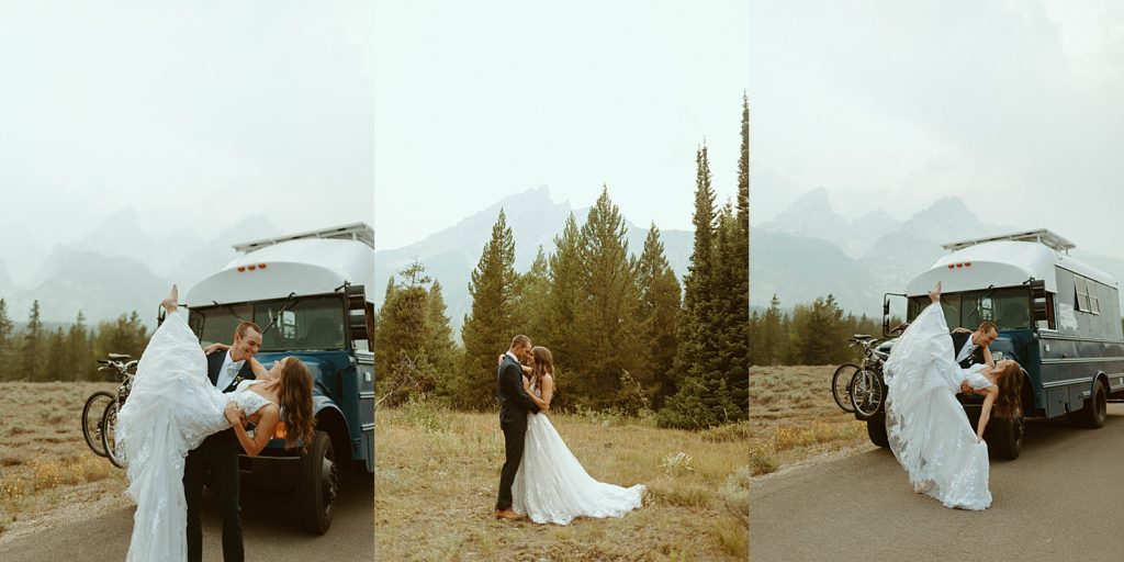 pre-wedding photoshoot idea with bus and mountains